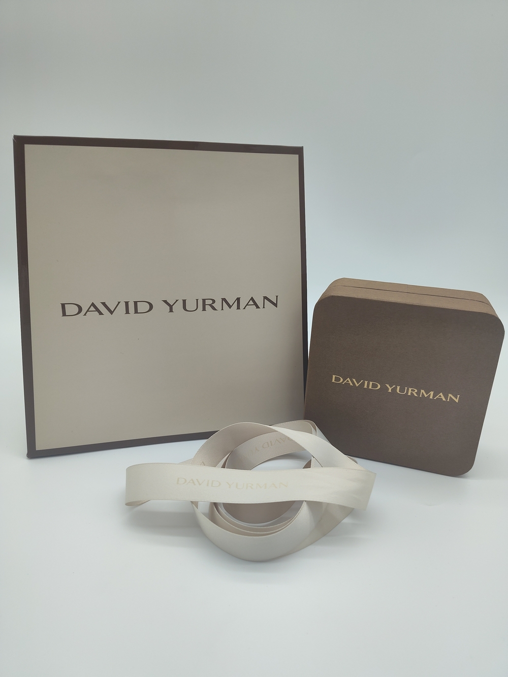 DAVID YURMAN Jewelry Gift Box Shopping Bag Ribbon Set Brown Ivory Packaging EUC